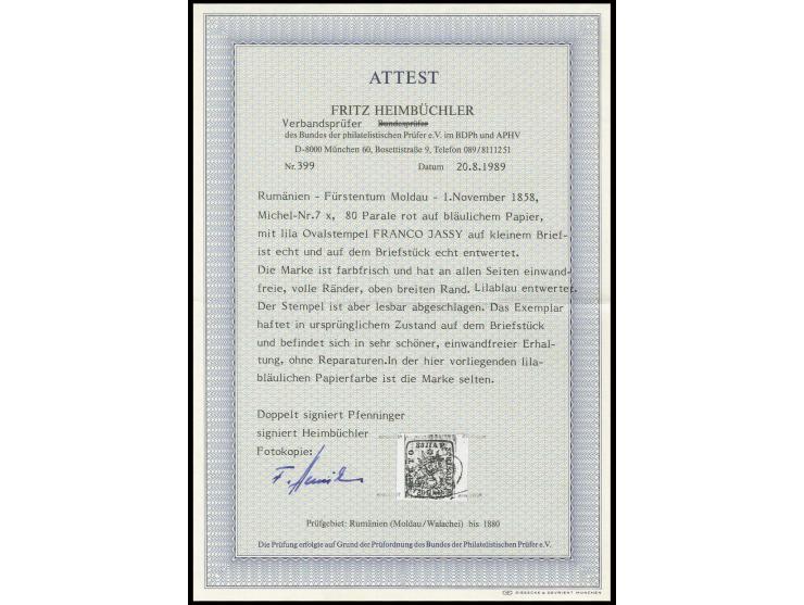 80 par. red on blueish paper, good to wide margins, tied by lilac blue oval "FRANCO JASSY" to small piece, very fine, signed 