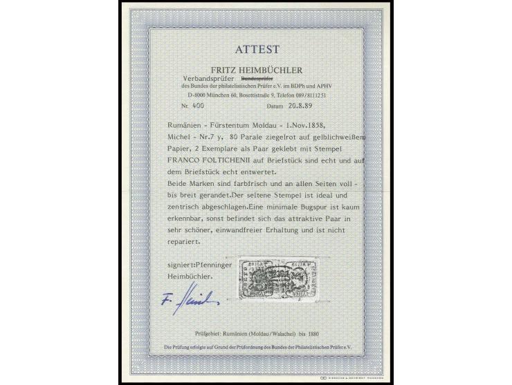 80 par. red, 2 single copies with rare fancy "FRANCO FOLTISCHENII" on small piece, very faint trace of creasing, certificates