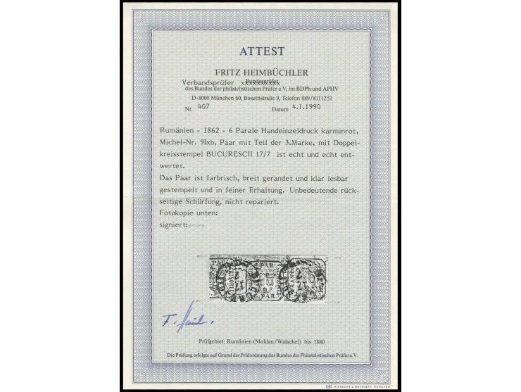 6 par. carmine red, horizontal pair with part of a third stamp, large margins all around, used with cds.  "BUCURESCII 17/7"; 