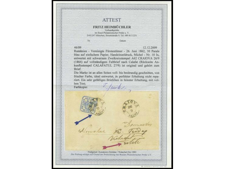 30 par. blue, good to wide margins, tied by cds. "CRAIOVA 26/9" (1864) to cpl. letter to Calafat with arrival mark, fine, cer