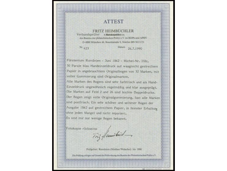 30 par. blue on laid paper, cpl. sheet of 32 stamps with slight double printing on pos. 2 and 26, unused, most stamps never h