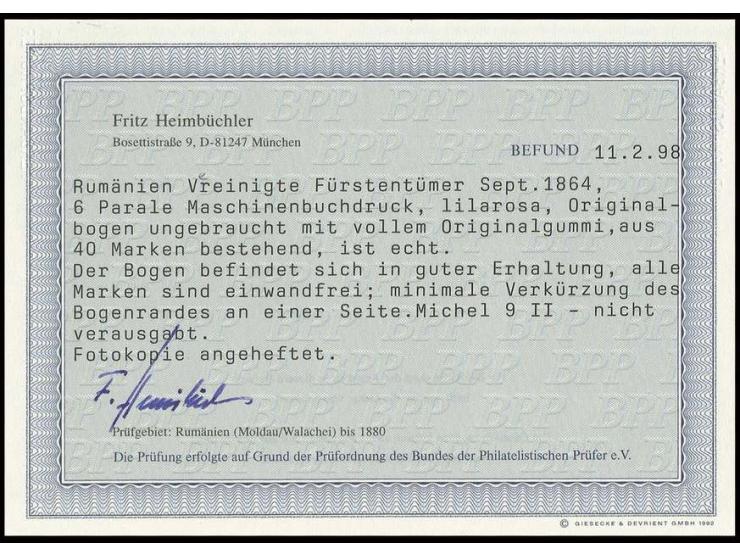 6 par. lilac rose, cpl. sheet of 40 stamps, unhinged mint, 1 sheet margin slightly reduced in size, opinion Heimbüchler BPP