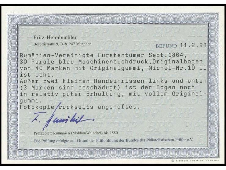 30 par. blue, cpl. of sheet of 40 stamps, unused, most stamps never hinged, 3 stamps faults, opinion Heimbüchler BPP
