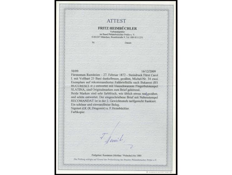 25 bani dark brown, 2 copies, tied by blueish black small single circle "SLATINA" to double rate registered letter to Bucares