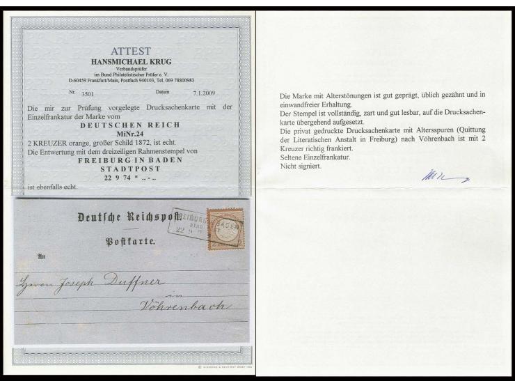 2 Kreuzer orange als Einzelfrankatur mit Ra3 "FREIBURG IN BADEN / STADTPOST 22 9 74" auf Drucksachenkarte "Quittung der Liter