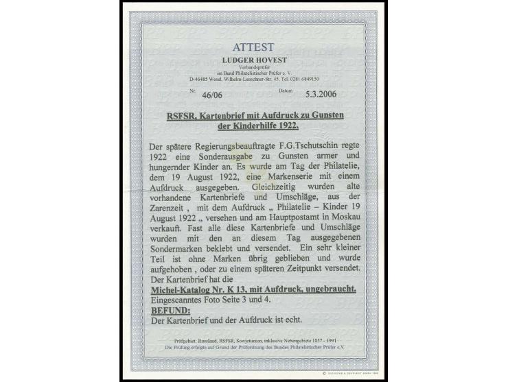 POSTAL STATIONARY: 1922, letter-card 10 k. (at right slightly separated and discolored on reverse) with overprint "Philately-