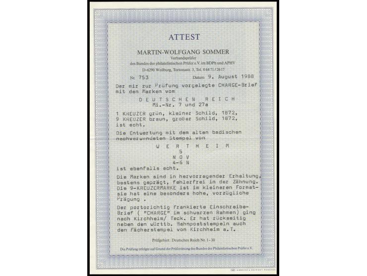 9 Kreuzer rötlichbraun im Kleinformat L15 mit Kleiner Schild 1 Kreuzer gelblichgrün mit Baden-EKr. "WERTHEIM 3 NOV" auf einge