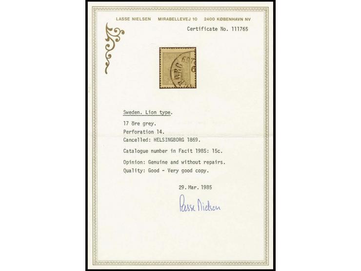 1866, 17 o. grey with part of "HELSINGBORG" cds., fine, Nielsen certificate (Mi. 800,-)