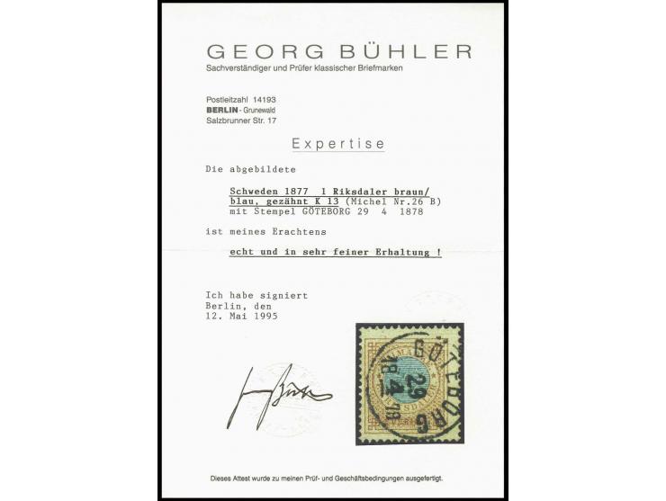 1872, 1 riksdaler brown/blue with clear "GÖTEBORG 29/4 1878" cds., fine, signed Bühler with certificate (Mi. 500,-)