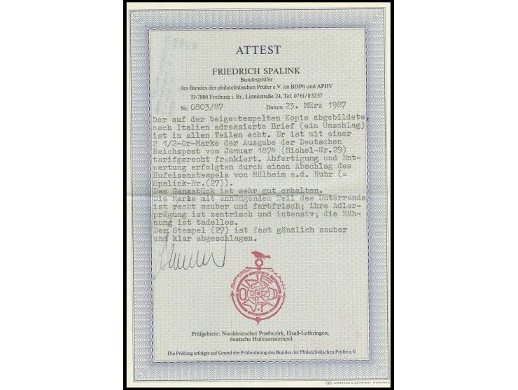 2 ½ auf 2 ½ Groschen braunorange, Unterrandmarke mit Hufeisenstempel "MÜLHEIM A.D. RUHR 6 FEBR. 75" (Spalink 27) auf Brief na