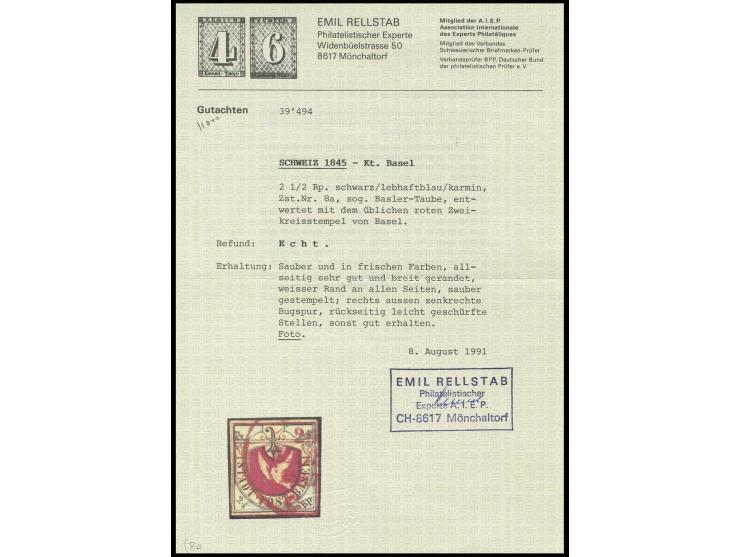 1845, 2½ Rp. schwarz/lebhaftblau/karmin, 1. Auflage, sehr schön farbfrisch und allseits enorm breitrandig mit weißen Rändern 