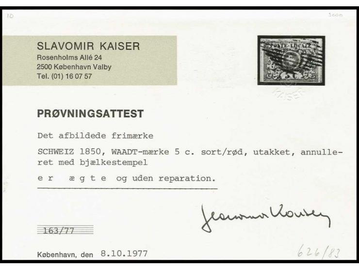 1850, Waadt 5 C. grauschwarz/bräunlichrot, voll- bis breitrandig mit Schnittlinien links und rechts, sauber gestempelt, Prach