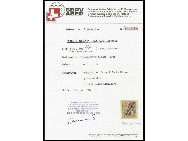 15 Rp. rötlichkarmin, gut gerandet und farbfrisch mit sauberer blauer Raute, Pracht, Fotoattest von der Weid (Mi. 500,-)