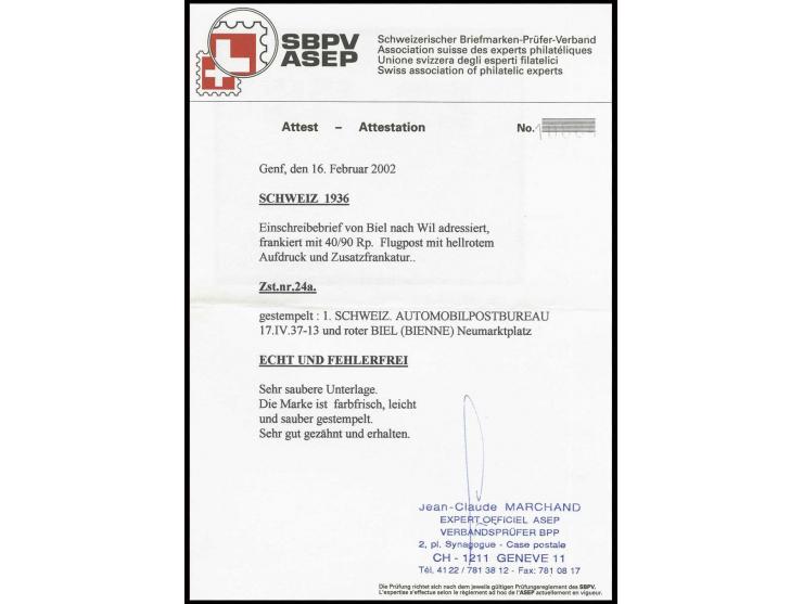 40 C. mit Aufdruck in orangerot, mit Zusatzfrankatur und gestempelt "1. SCHWEIZ. AUTOMOBIL-POSTBUREAU 17.IV.37" auf R-Brief m