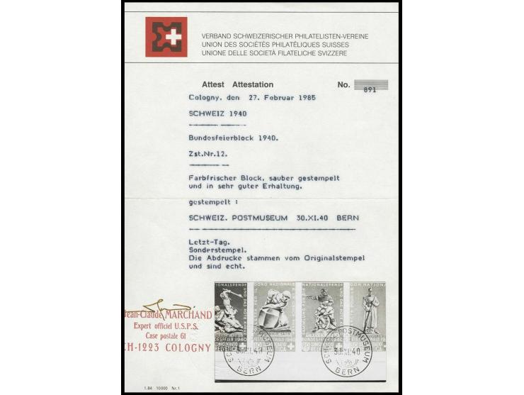 1940, Bundesfeier-Block mit sauberem Stempel "BERN SCHWEIZ. POSTMUSEUM 30.XI.40", Kabinett, Fotoattest Marchand (Mi. 700,-)