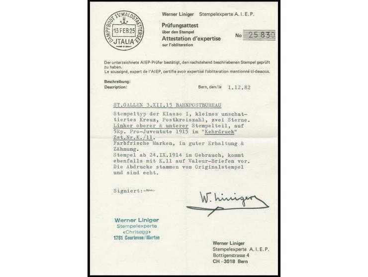 ZUSAMMENDRUCKE: 1915, Pro-Juventute Kehrdruck 5+5 C. mit Stempel "ST. GALLEN BAHNPOSTBUREAU 3.XII.15", Pracht, sign. und Atte