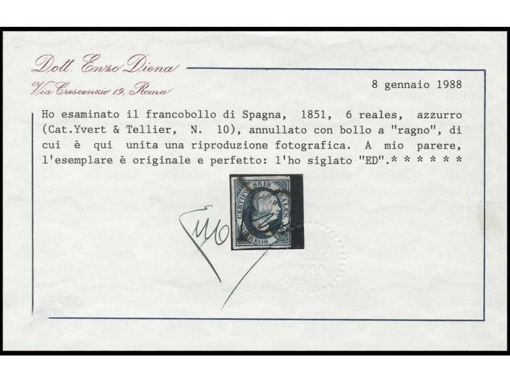 1851, 6 r. blue, ample to good margins all round with black spider cancel, fine, certificate Diena