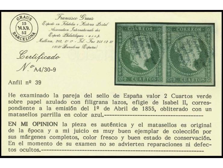1855, Isabella 2 c. green, horizontal pair with good margins all round with blue grid cancel, fine, certificate Graus