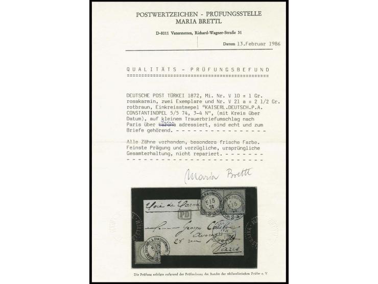 Großer Schild 1 Groschen rötlichkarmin, 2 Einzelwerte mit 2 ½ Groschen rötlichbraun mit sehr klarem EKr. "KAISERL. DEUTSCH. P