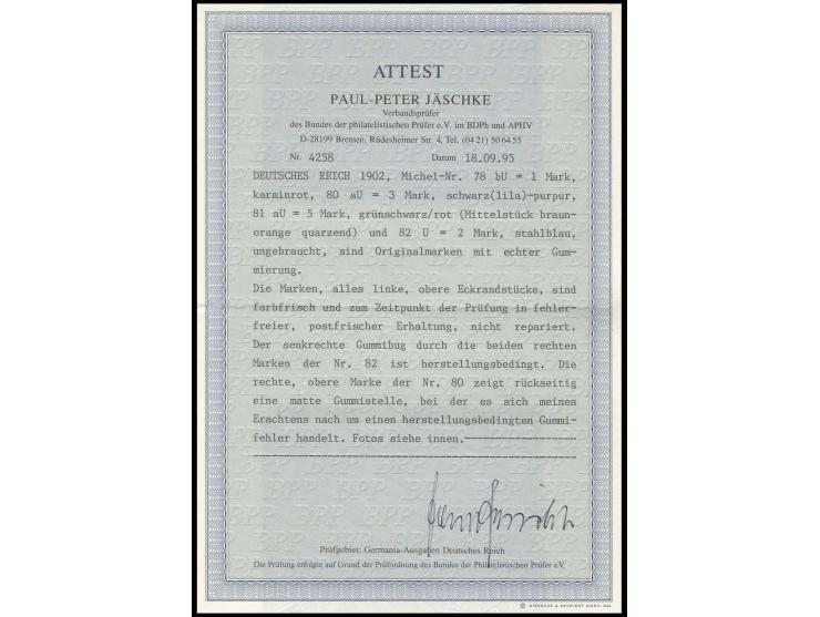 1902, Germania 1-5 Mark, dabei die 2 Mark mit lateinischer Inschrift, alle vier existierenden ungezähnten Werte komplett in 4