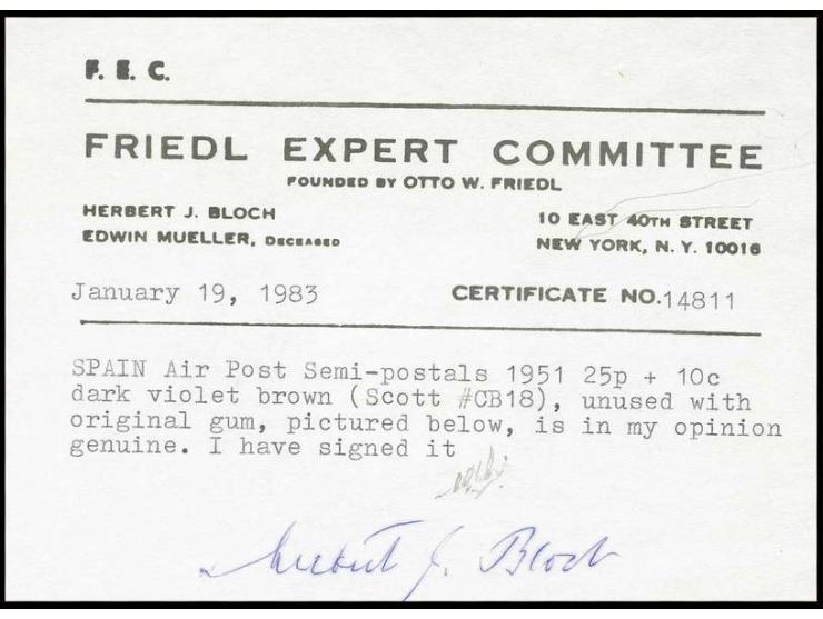 10 c. on 25 pts. with control number, unhinged mint, very fine, signed Bloch with certificate