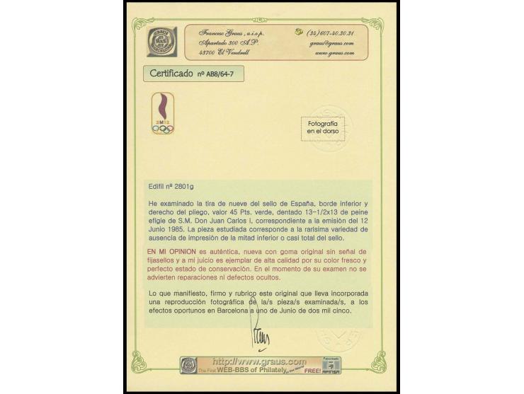 1985, Juan Carlos 45 pts., horizontal strip of 9 from the lower right sheet margin, 7 stamps with partial print, 2 stamps wit