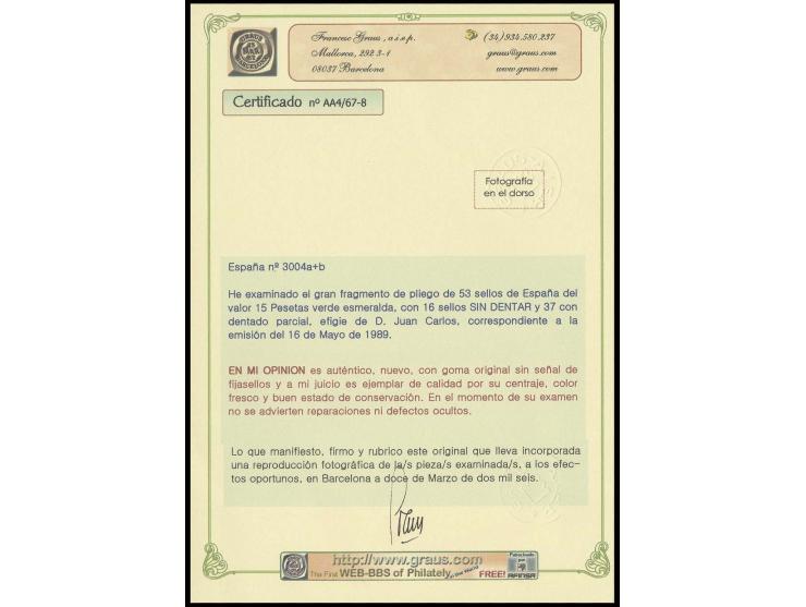 Juan Carlos 15 pts., part sheet of 53 stamps, 16 imperforated and 37 with partial perforation, unhinged mint; a rare multiple