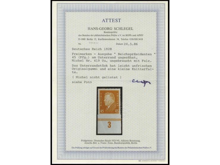 1928, Reichspräsidenten 45 Pfennig, Unterrandstück, unten ungezähnt, ungebraucht mit leicht unfrischem Originalgummi und klei