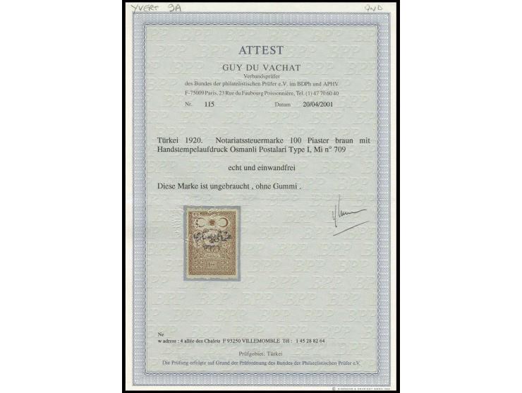 Notary taxstamp with overprint, 100 pia. brown, unused without gum, fine, certificate Vachat BPP