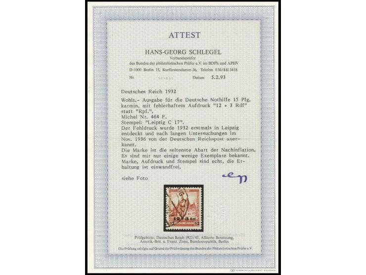 1932, Nothilfe 12+3 Pfennig mit dem seltenen Aufdruckfehler "Rdf" mit sauberem Stempel  "LEIPZIG C17"; Herr H.-G. Schlegel BP