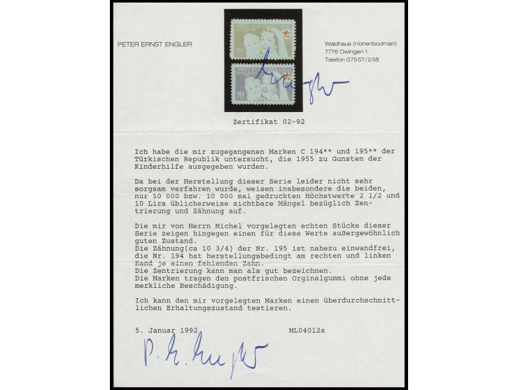 1955, Child-support, 2½ and 10 l., very well centered unhinged mint, signed with Engler certificate