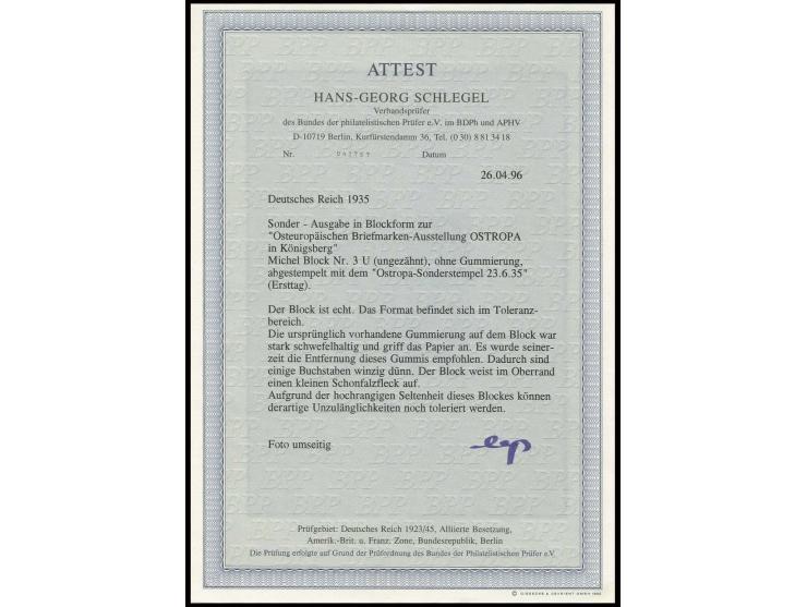 1935, OSTROPA-Block ungezähnt mit entsprechendem Sonderstempel vom 23.6.1935; oben leichter Schonfalzfleck und teils kleine D
