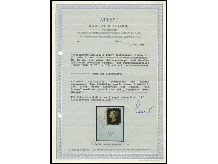 1 d. intense black, plate 1a, QL, early printing, good to wide margins all around, tied by red MC and straight-line "LAMBS CO