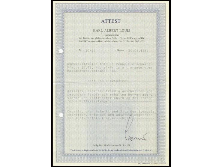 1 d. intense black, plate 1b, TE, good to wide margins all round, clear orange-red MC, extremely fine, certificate Louis BPP