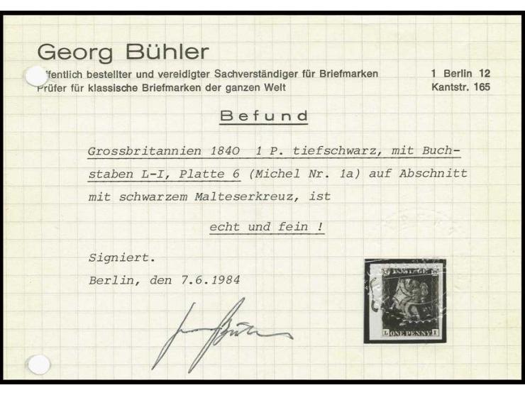 1 d. intense black, plate 6, LI, good to wide margins, tied by black MC to small piece, very fine, signed Georg Bühler with o