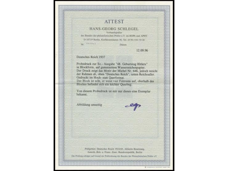1937, Block-Essay zur Sonderausgabe "48. Geburtstag Hitlers" auf gummiertem Wasserzeichenpapier, ungezähnt, ohne Randinschrif