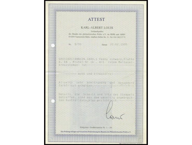 1 d. black, plate 6, KB, good to wide margins all round,  clear red MC, extremely fine, certificate Louis BPP