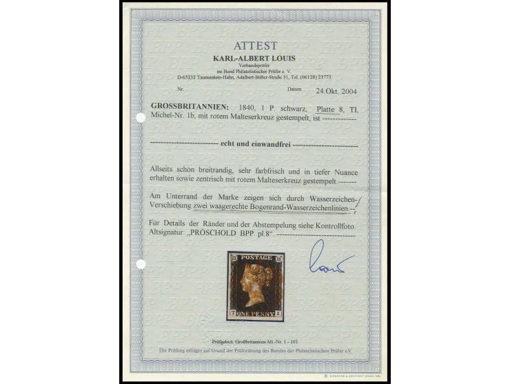 1 d. black, plate 8, TI, good to large margins all round, with central red MC, at bottom two horizontal watermark lines, extr
