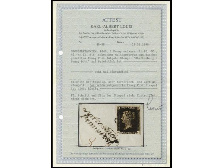 1 d. black, plate 10, GC, good margins all around, tied  by black MC to piece with scarce adjacent "SHAFTESBURY PENNY POST", 