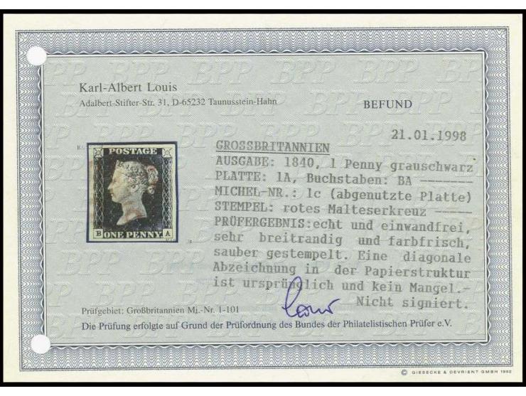 1 d. grey-black, plate 1A, BA, wide margins all round, with red MC, extremely fine, Louis BPP opinion