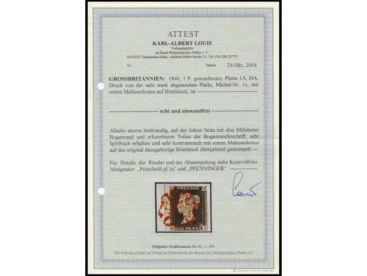 1 d. grey-black, plate 1A, HA, three wide margins and 3mm sheet margin and small part of sheet inscription at left, tied by c
