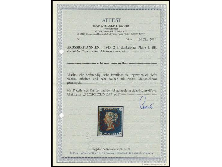 2 d. deep blue, plate 1, BK, wide margins all round with  clear red MC, extremely fine, signed Pröschold BPP and certificate 