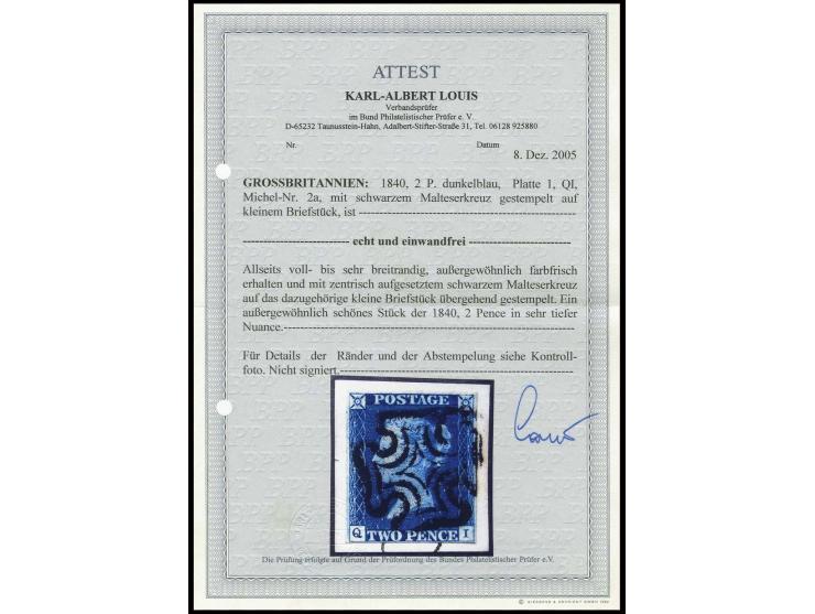 2 d. deep full blue, plate 1, QI, clear at bottom, otherwise good to wide margins, tied by clear black MC to small piece, ver