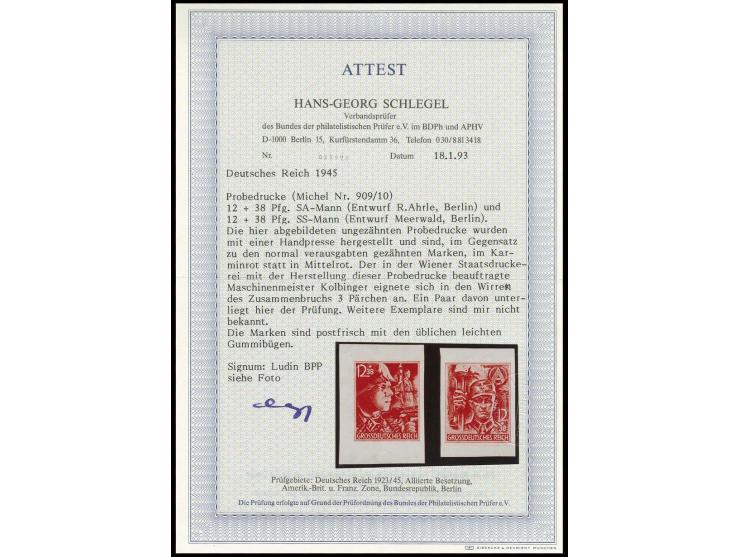 1945, SA/SS 12+38 Pfennig, breitrandig ungezähnte Probedrucke in karminrot, postfrisch, nur zwei weitere Sätze bekannt, sign.