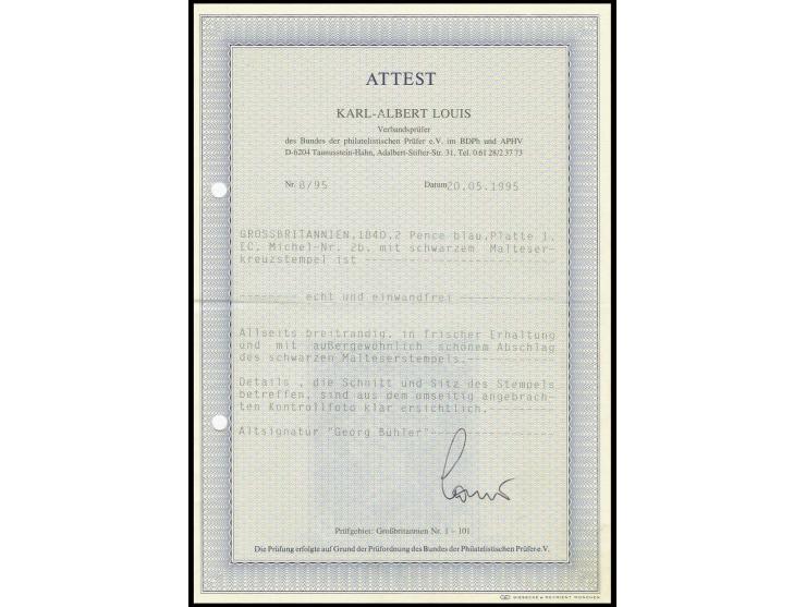 2 d. blue, plate 1, EC, good margins all round, central clear black MC, very fine, signed Georg Bühler and Louis BPP certific