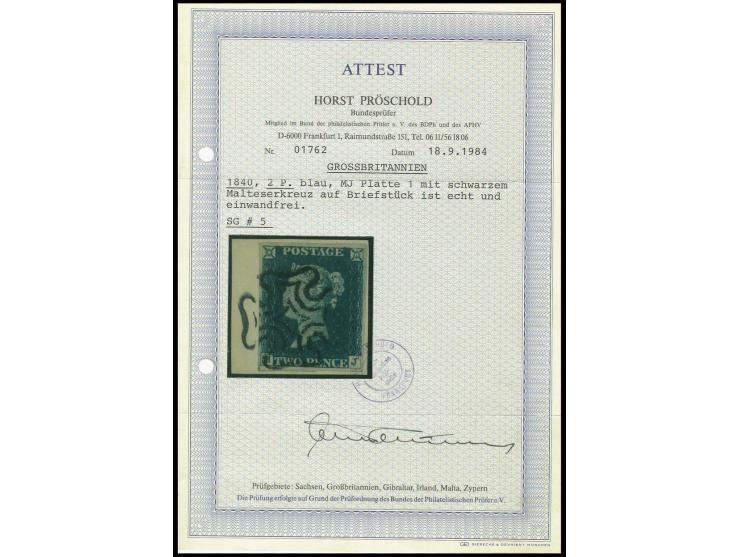 2 d. blue, plate 1, MJ, wide margins all round tied by black MC to piece, extremely fine, certificate Pröschold BPP