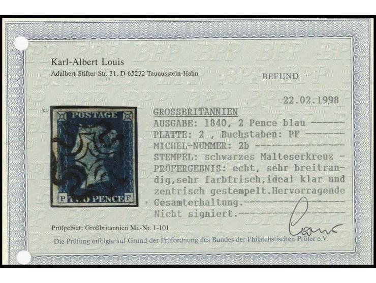2 d. blue, plate 2, PF, wide margins all round with  central clear black MC, extremely fine, opinion Louis BPP