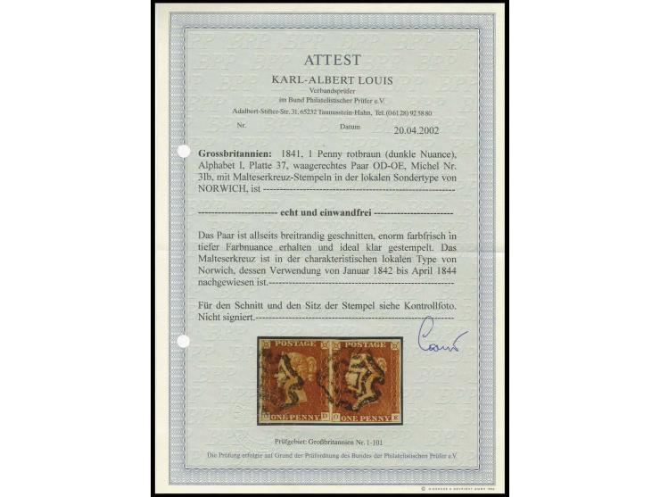 1 d. red-brown, plate 37, OD+OE, horizontal pair with good margins all round, with local MC of Norwich,  very fine, certifica