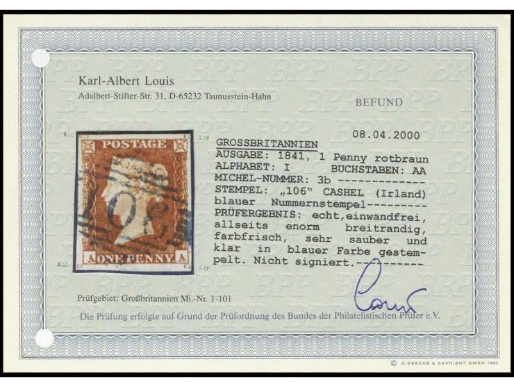 1 d. red-brown, AA, wide margins all round with clear blue "106" "CASHEL" (IRELAND), very fine, opinion Louis BPP