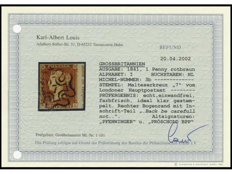 1 d. red-brown, NL, three sides with good margins and sheet margin at right with partial inscription "Back be careful not", w